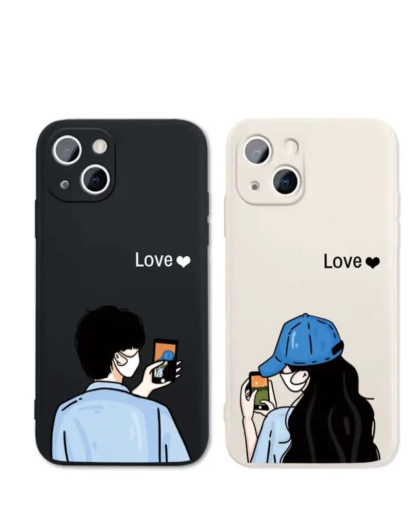 Two iPhone cases with illustrations of a young man and woman using their phones, connected by a theme of love, displayed against a soft background.