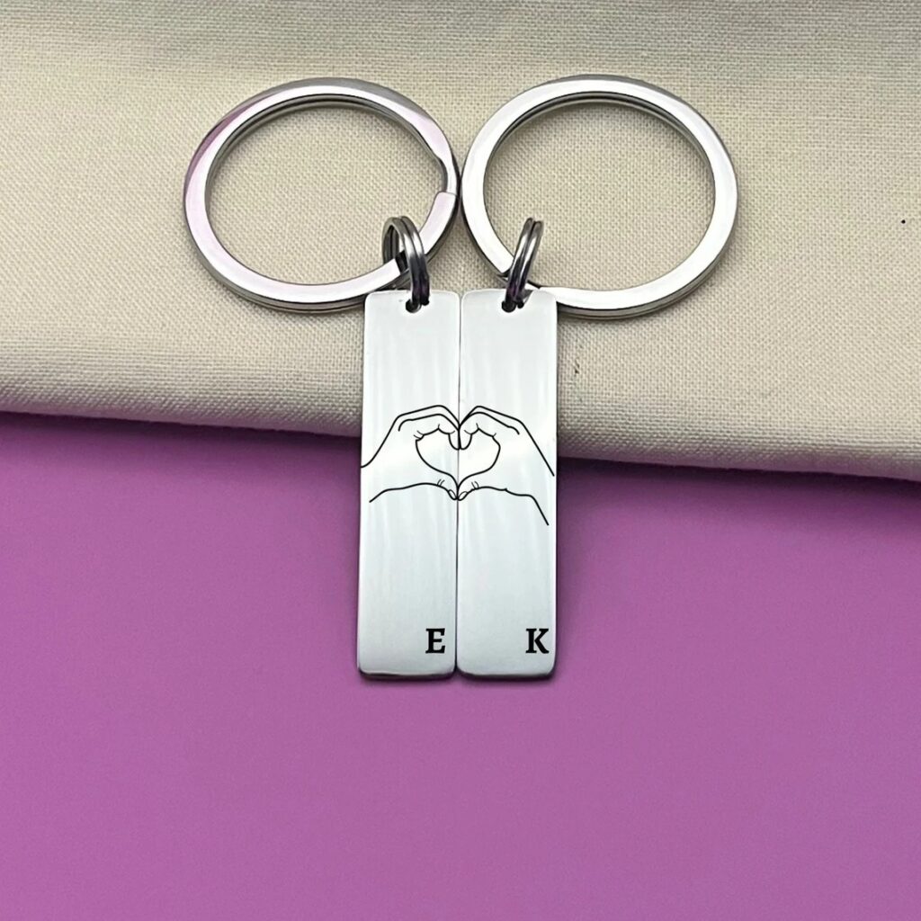 Two metal keychains with segments of a heart hand gesture, on a purple and beige background.