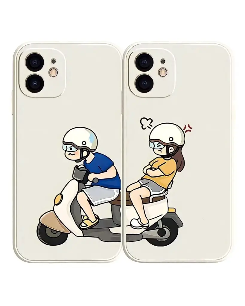 Two iPhone cases featuring illustrations of individuals on scooters, one serious and one joyful, set against a plain backdrop.