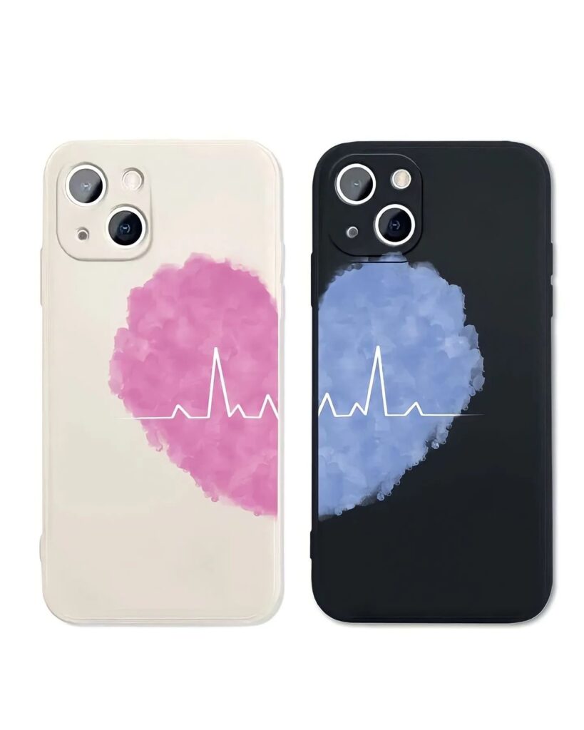 A pair of iPhone cases, one with a pink heart and the other with a blue heart, both featuring an ECG line, symbolizing heartbeat and love.