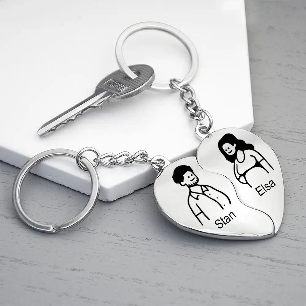 Two keychains forming a heart, each half with a cartoon image of a person and their name, representing a couple.