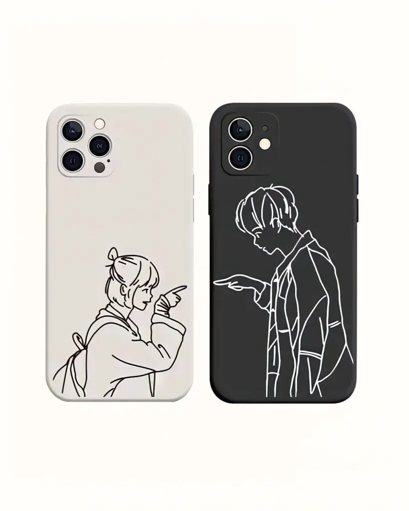 Two iPhone cases, one cream and one black, each featuring a line sketch of a person in a dynamic pose, showcasing minimalist art style.