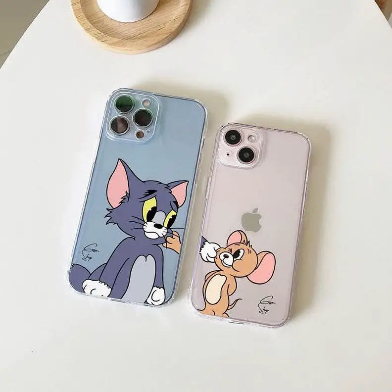 Two transparent iPhone cases, one with a cartoon cat and the other with a cartoon mouse from a classic animation, set against a white background.