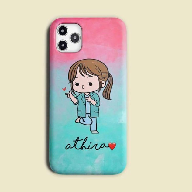 A personalized iPhone case with a gradient of pastel pink and turquoise, featuring a cartoon girl blowing a kiss and the name 'Athira' written at the bottom.