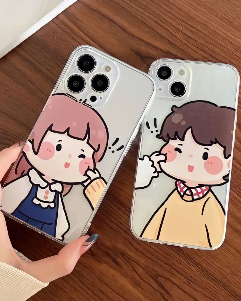 Two transparent iPhone cases featuring cartoon children enjoying treats, one drinking a beverage and the other eating ice cream.