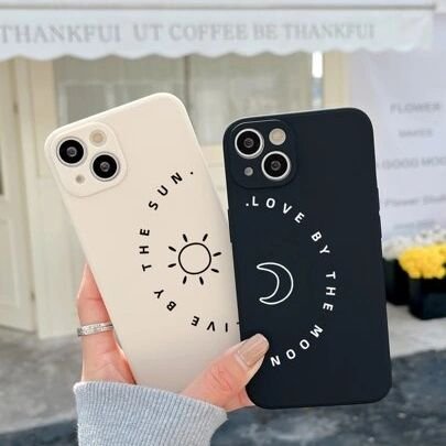 Two iPhone cases, one off-white with a sun design and the other black with a moon design, each adorned with matching phrases about living by the sun and loving by the moon.