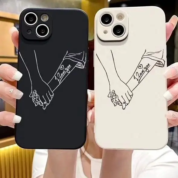 Two iPhone cases, one black and one white, each displaying an illustration of hands locked together with the word 'Forever' tattooed on the wrists.