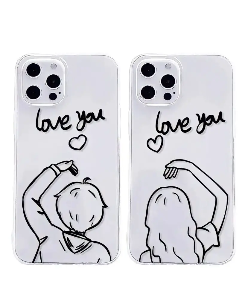 Two clear smartphone cases with line drawings of a couple and "love you" text, presented side by side.