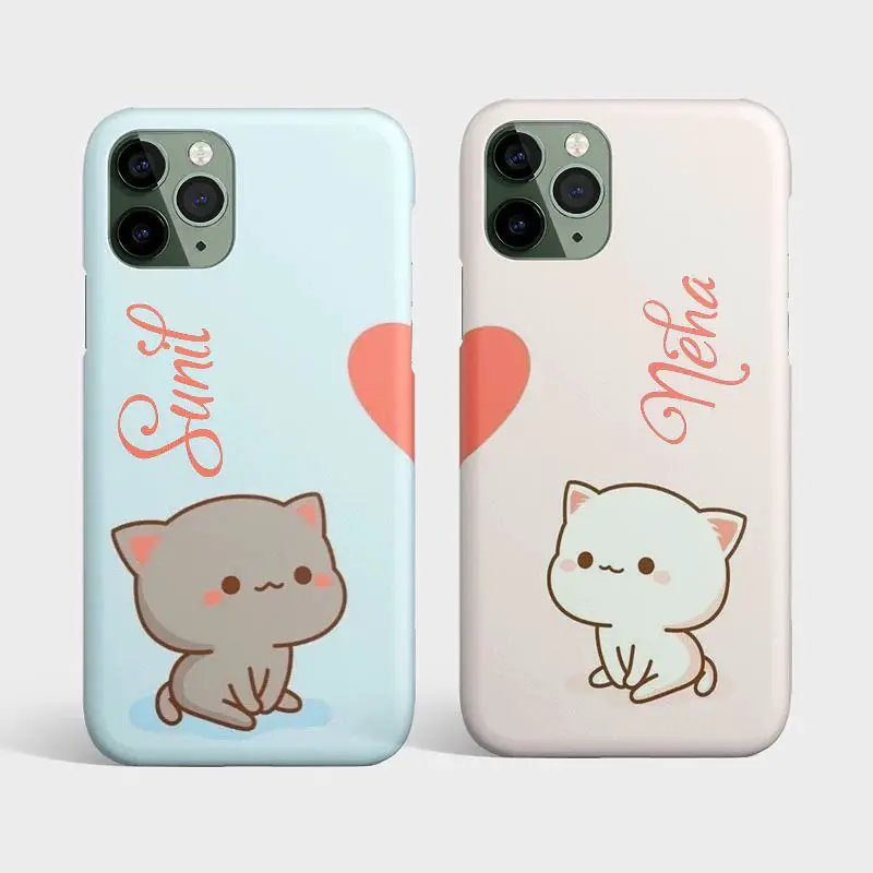 Two iPhone cases with cute cat illustrations sitting under hearts, personalized with the names 'Sumit' in blue and 'Neha' in pink.