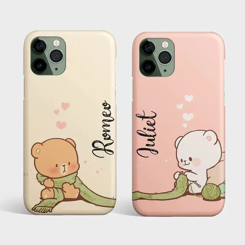 Two iPhone cases, one beige and one pink, each with a cute bear and heart illustrations, named 'Romeo' and 'Juliet'.