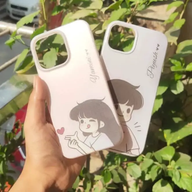 Two iPhone cases with black-and-white illustrations of a couple, personalized with the names 'Quintin' and 'Priscilla'.